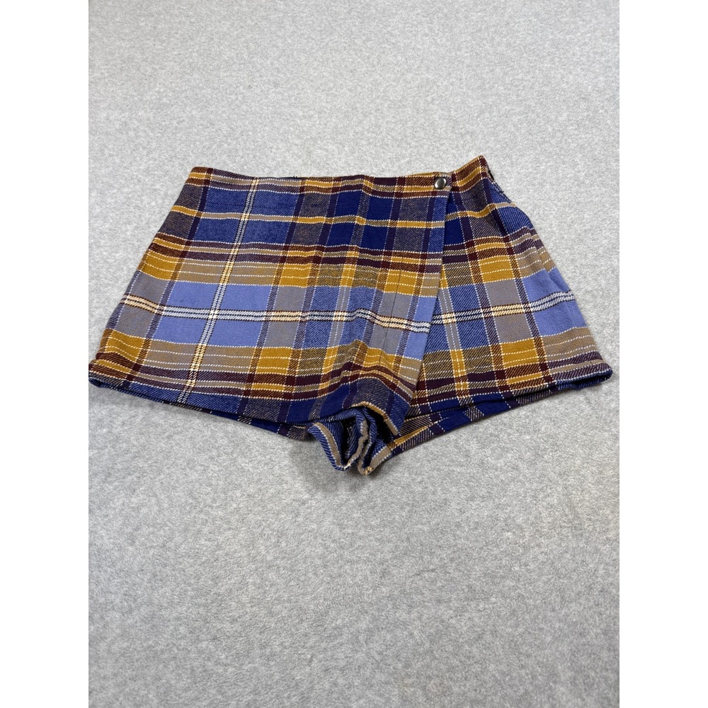 Free People Blue Mustard Plaid Wrap Skort Shorts Size 12 Boho Mini Skirt Look